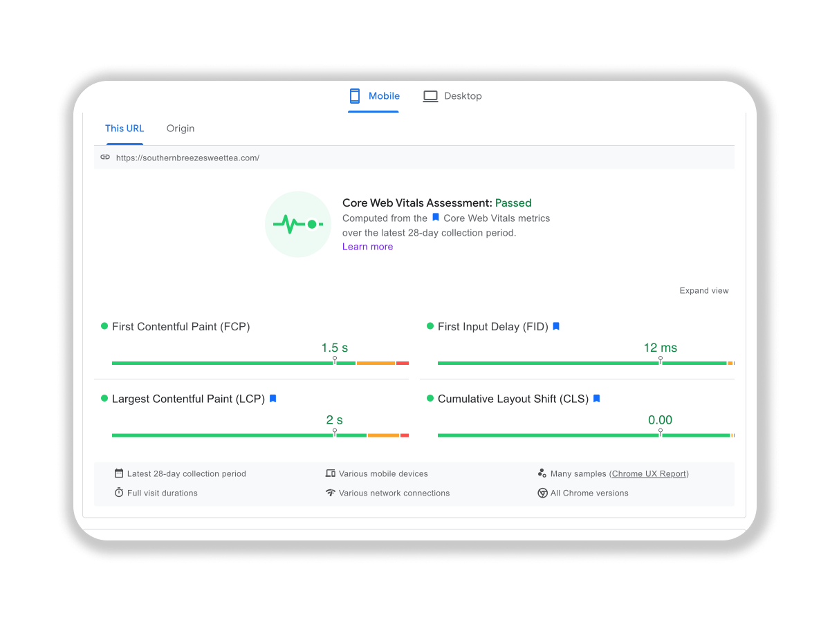 screenshot of passing core web vitals on googles pagespeed insights tool for southernbreeze sweet tea website