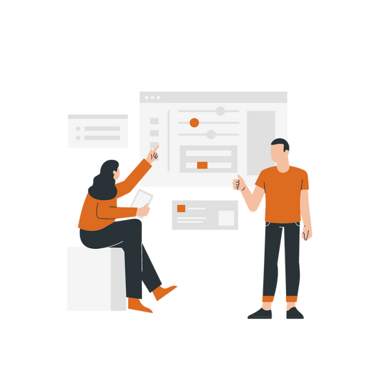 Two people in orange shirts analyzing a webpage