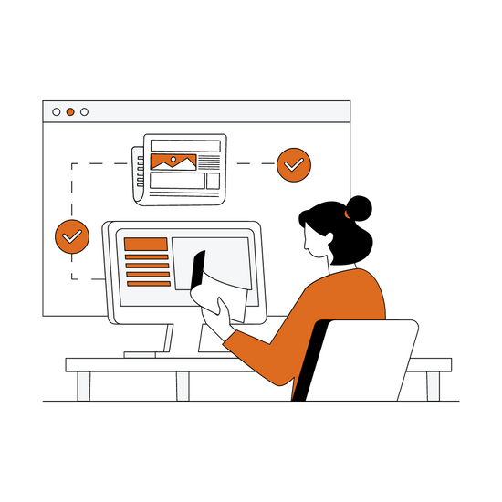 person in orange shirt analyzing a computer screen