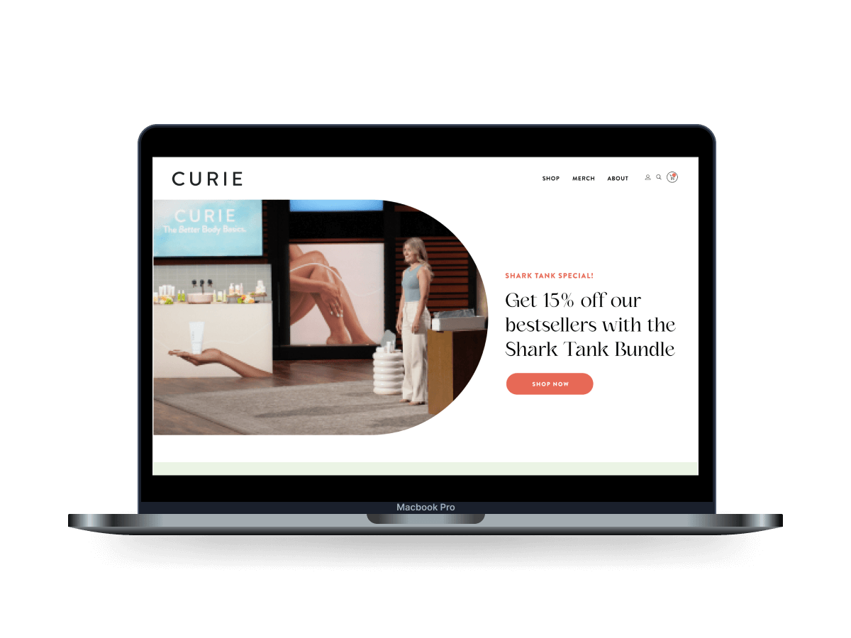 macbook pro with curie bod home page with shark tank promotion