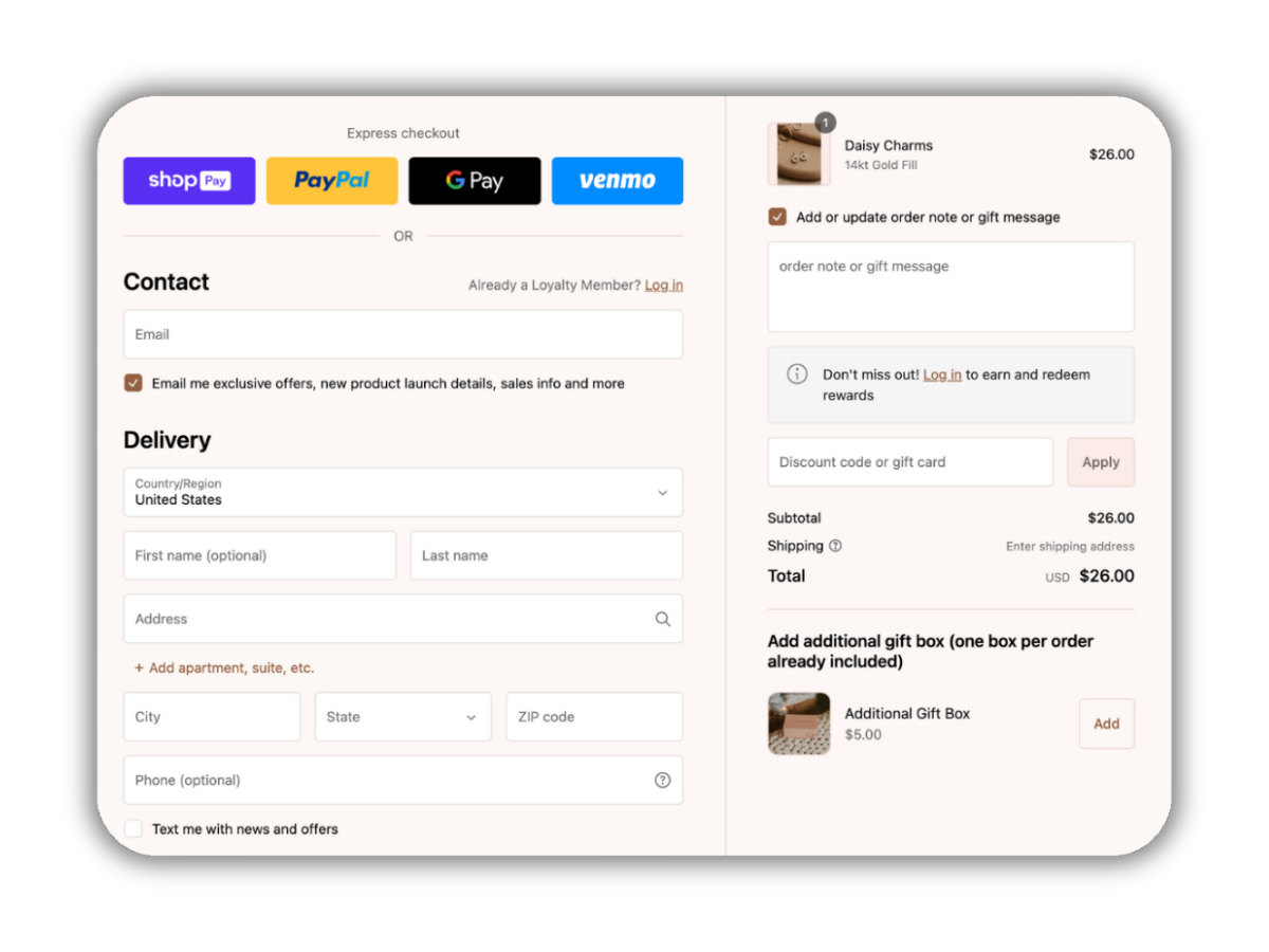 screenshot of checkout extensibility including addition of gift box and gift message